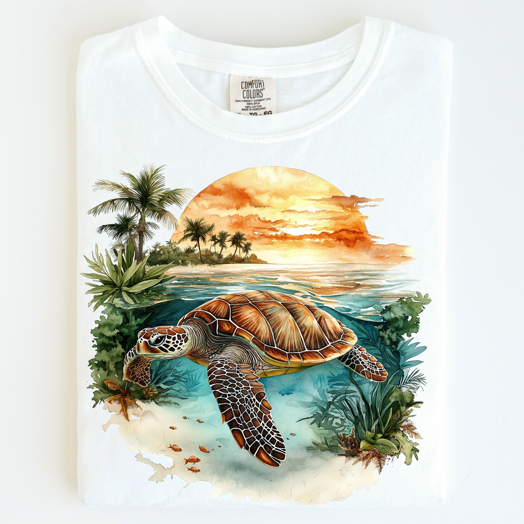 Retro Sea Turtle Ocean Sunset Scene Shirt - Printed On Comfort Colors