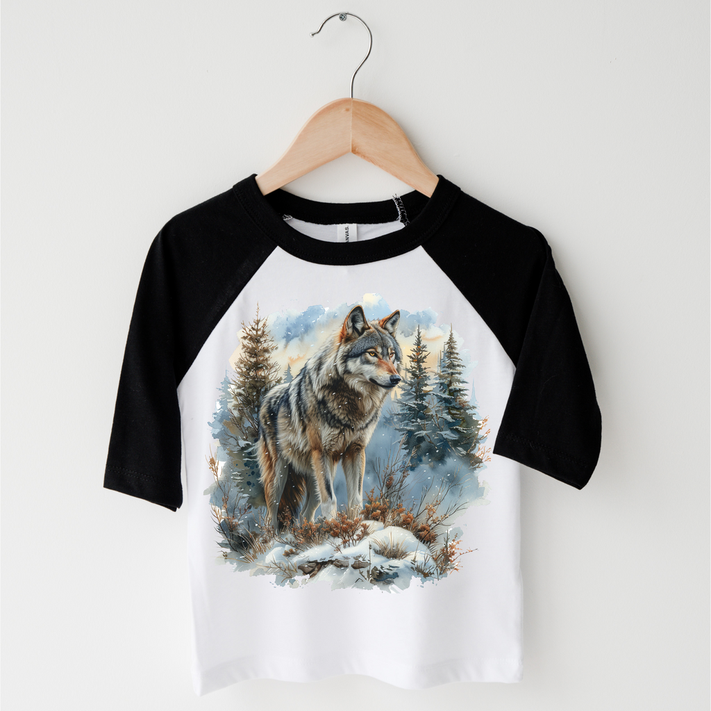 Retro Wolf Watercolor Nature Scene Shirt - Kids Tee