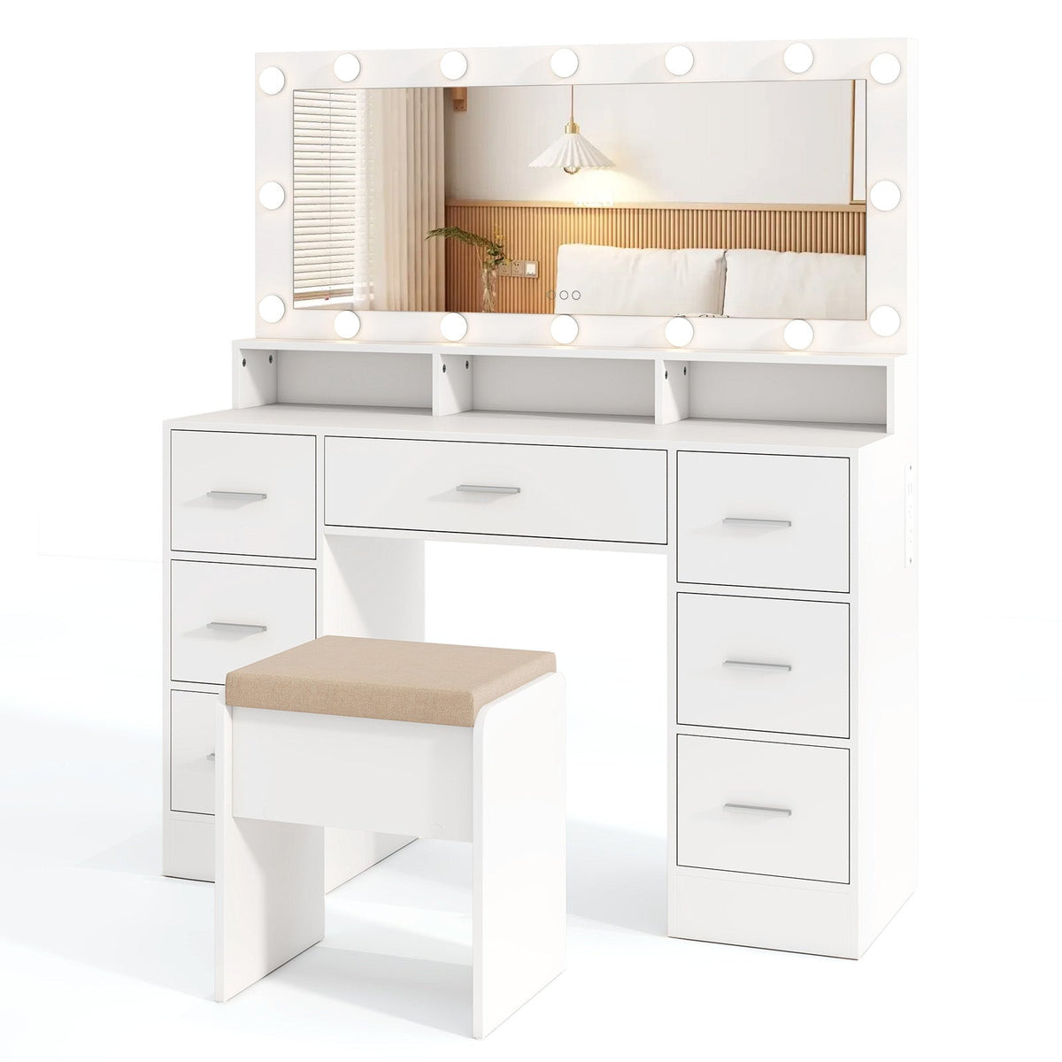 Makeup Vanity Desk with Mirror 3-Color LED Lights and Charging Station