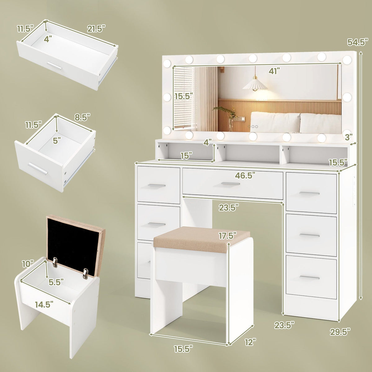 Makeup Vanity Desk with Mirror 3-Color LED Lights and Charging Station