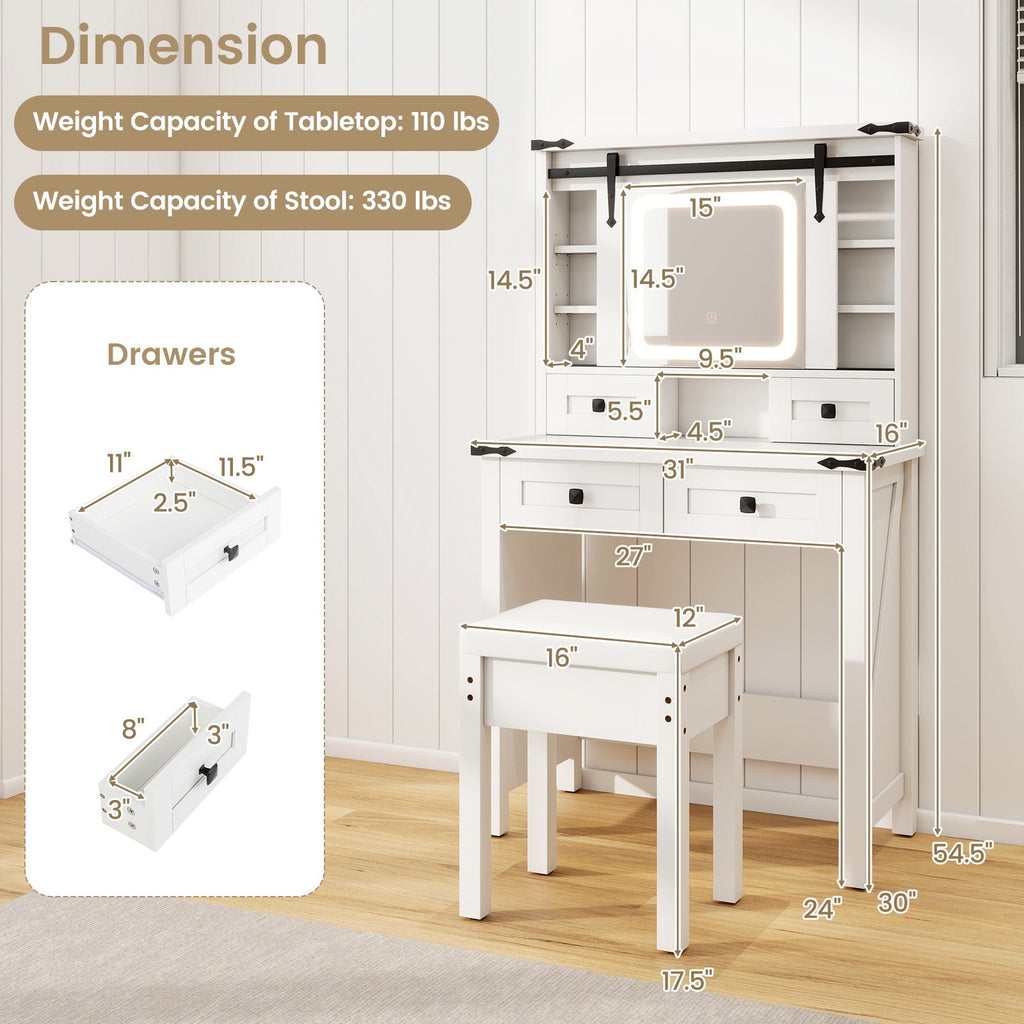 Makeup Vanity Desk with Mirror and Adjustable Storage Shelves-White