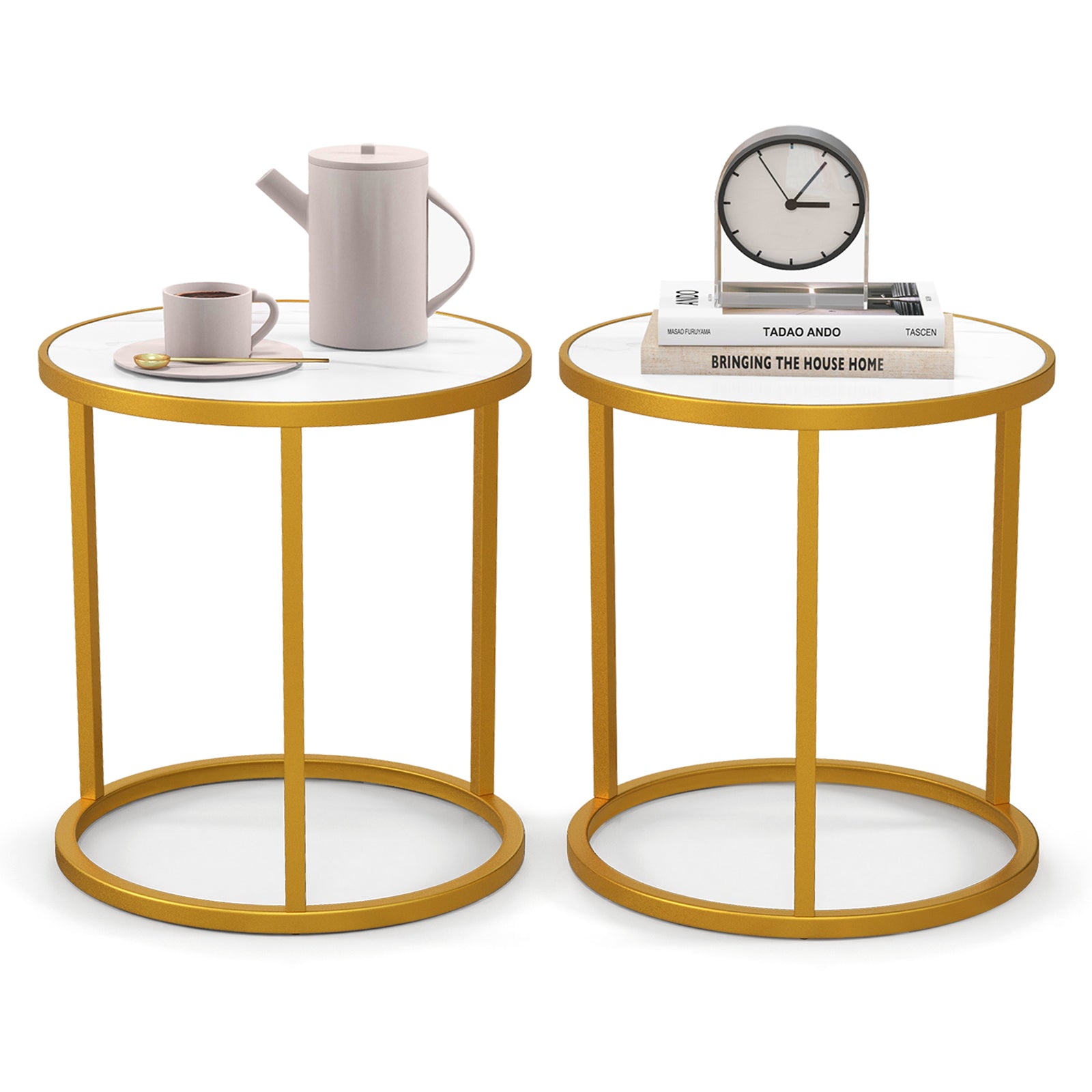 Marble Top Round Side Table 16-Inch End Table with Golden Metal Frame