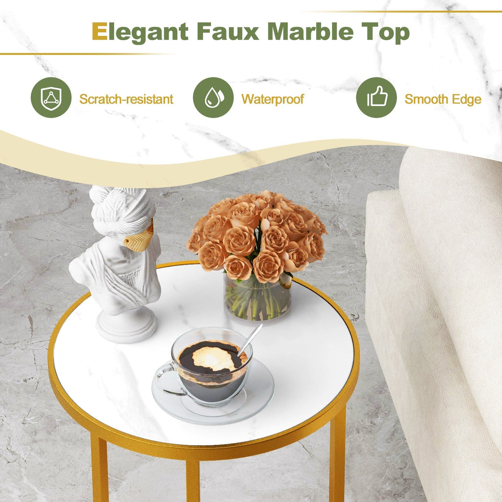 Marble Top Round Side Table 16-Inch End Table with Golden Metal Frame