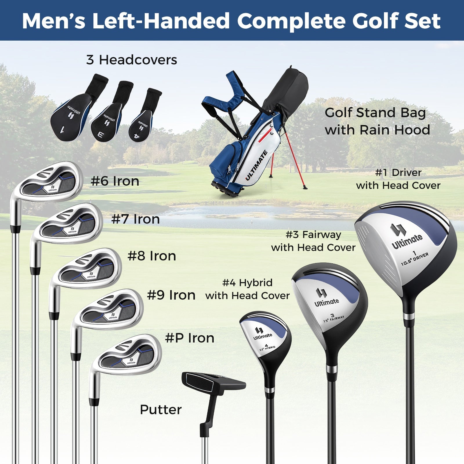 Mens LeftHanded Complete Golf Clubs and Bag Set Portable Lightweight Golf Stand Bag