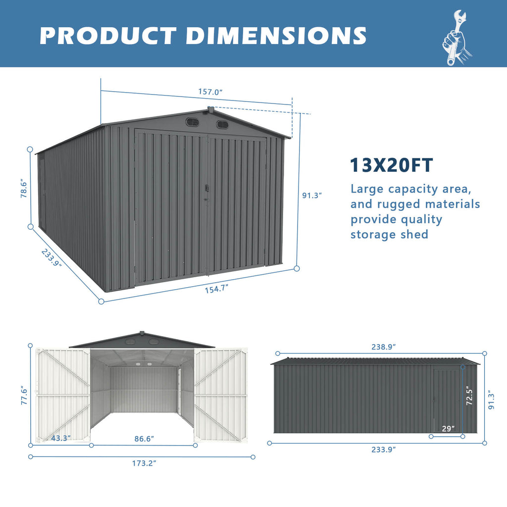 13'x20' Metal Shed with Double Front Doors & Side Entry Door