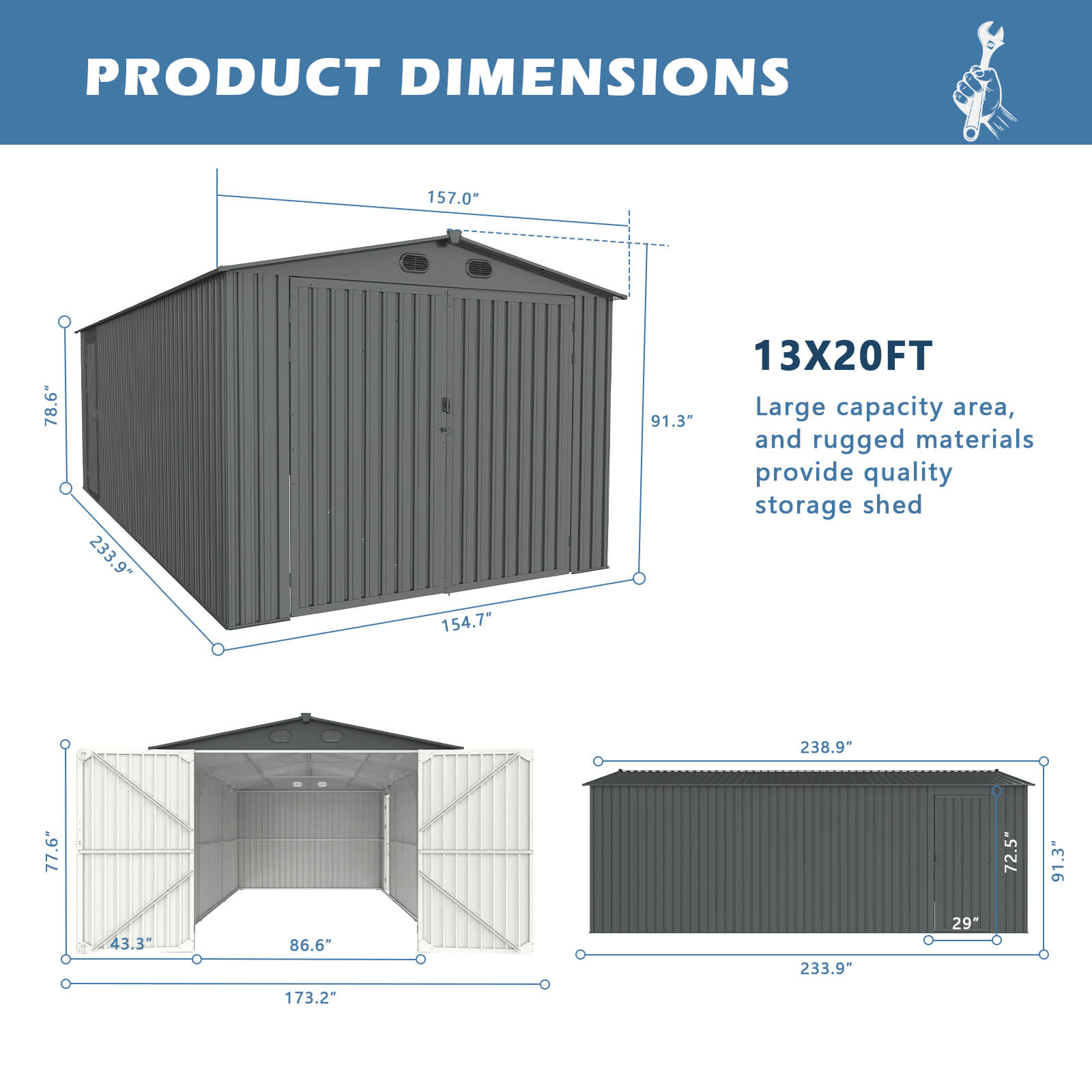 13'x20' Metal Shed with Double Front Doors & Side Entry Door