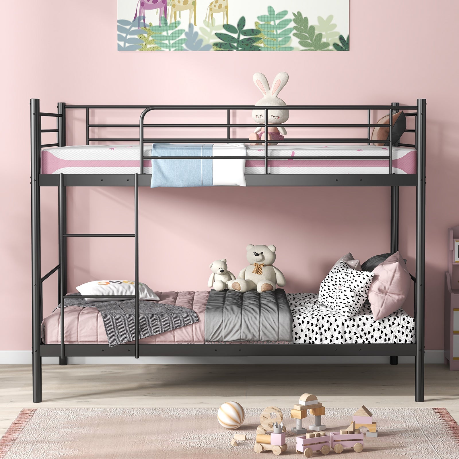 Metal Bunk Bed with Ladder and Full-length Guardrails