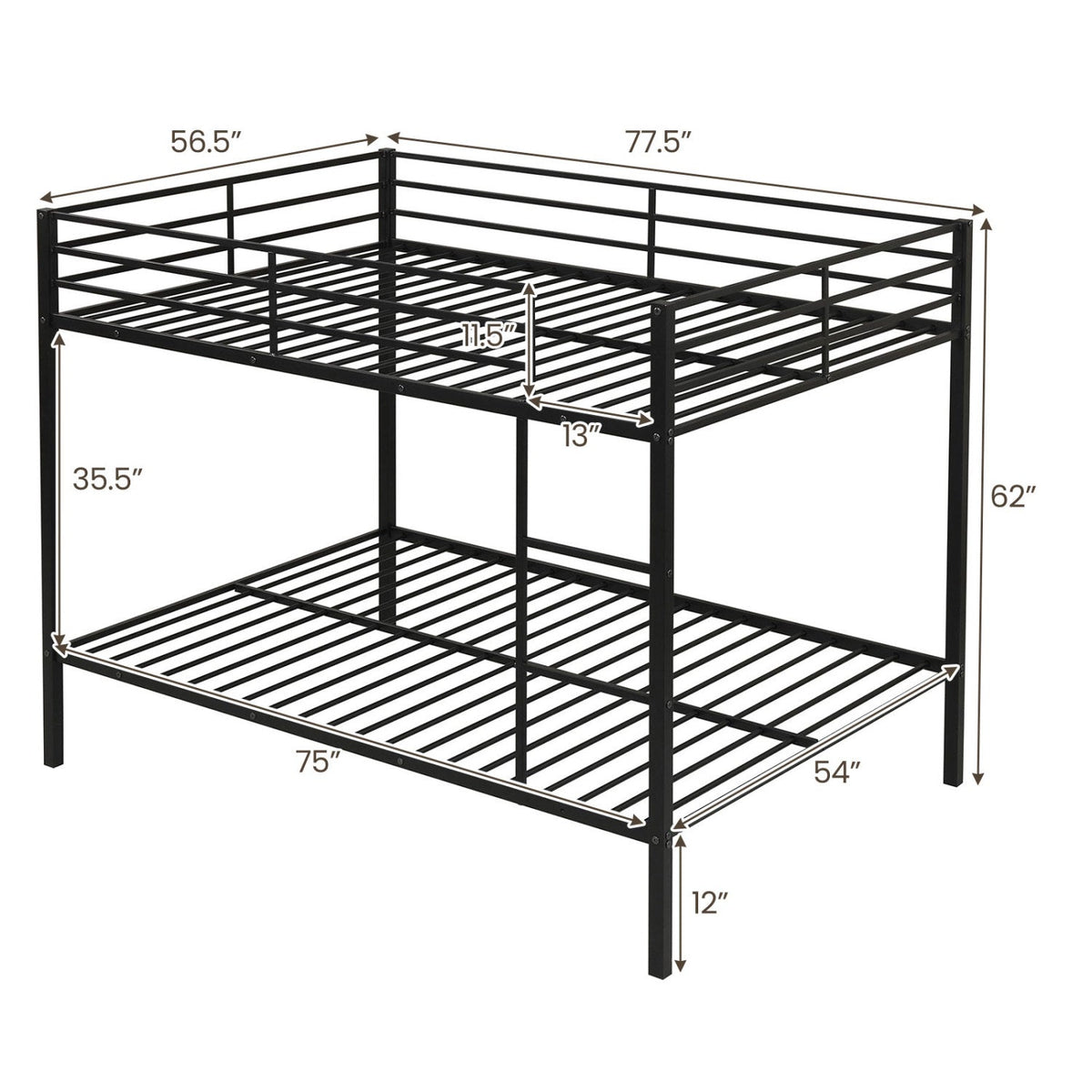 Metal Bunk Bed Full Over Full with Length Safety Guardrail-Black
