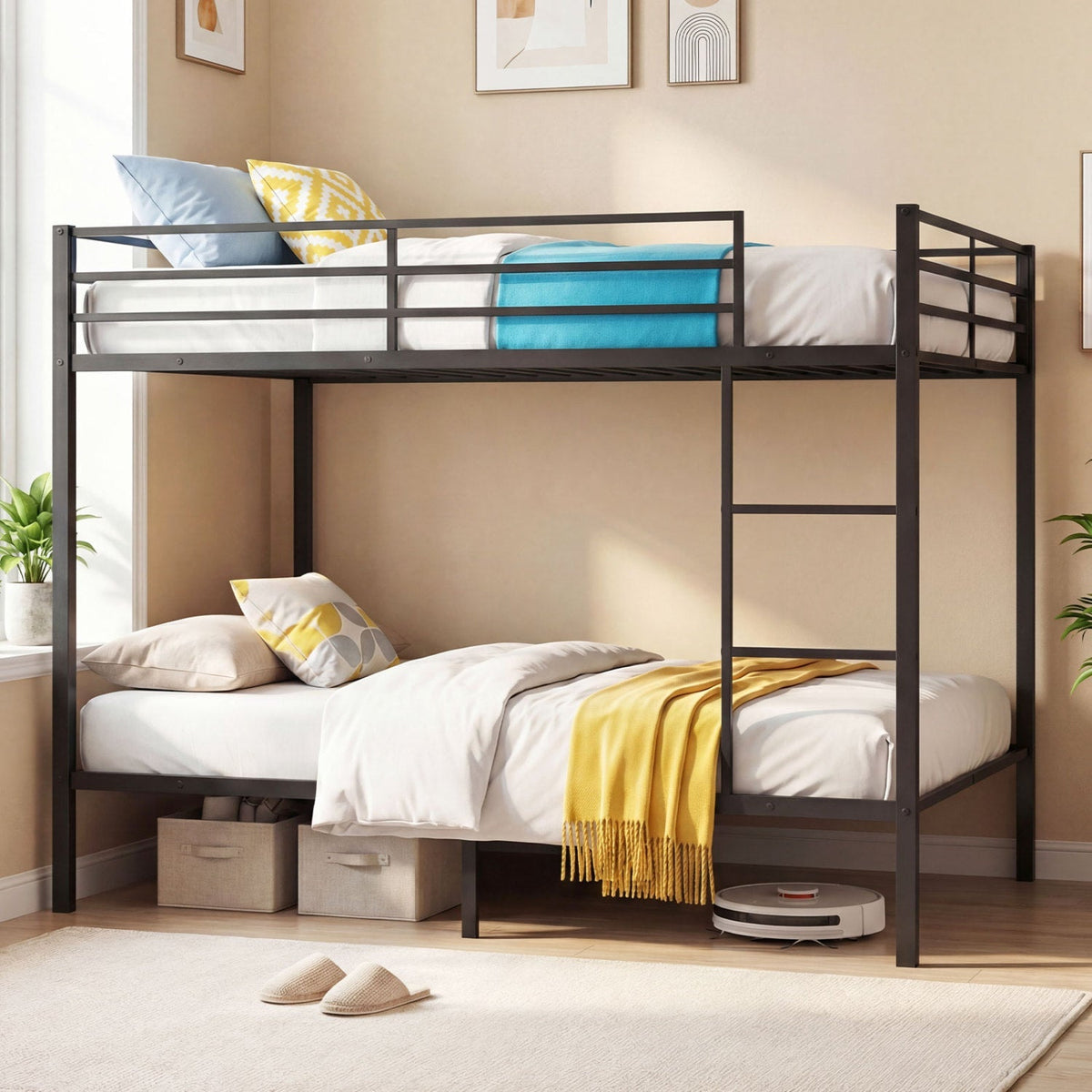 Metal Bunk Bed Full Over Full with Length Safety Guardrail-Black