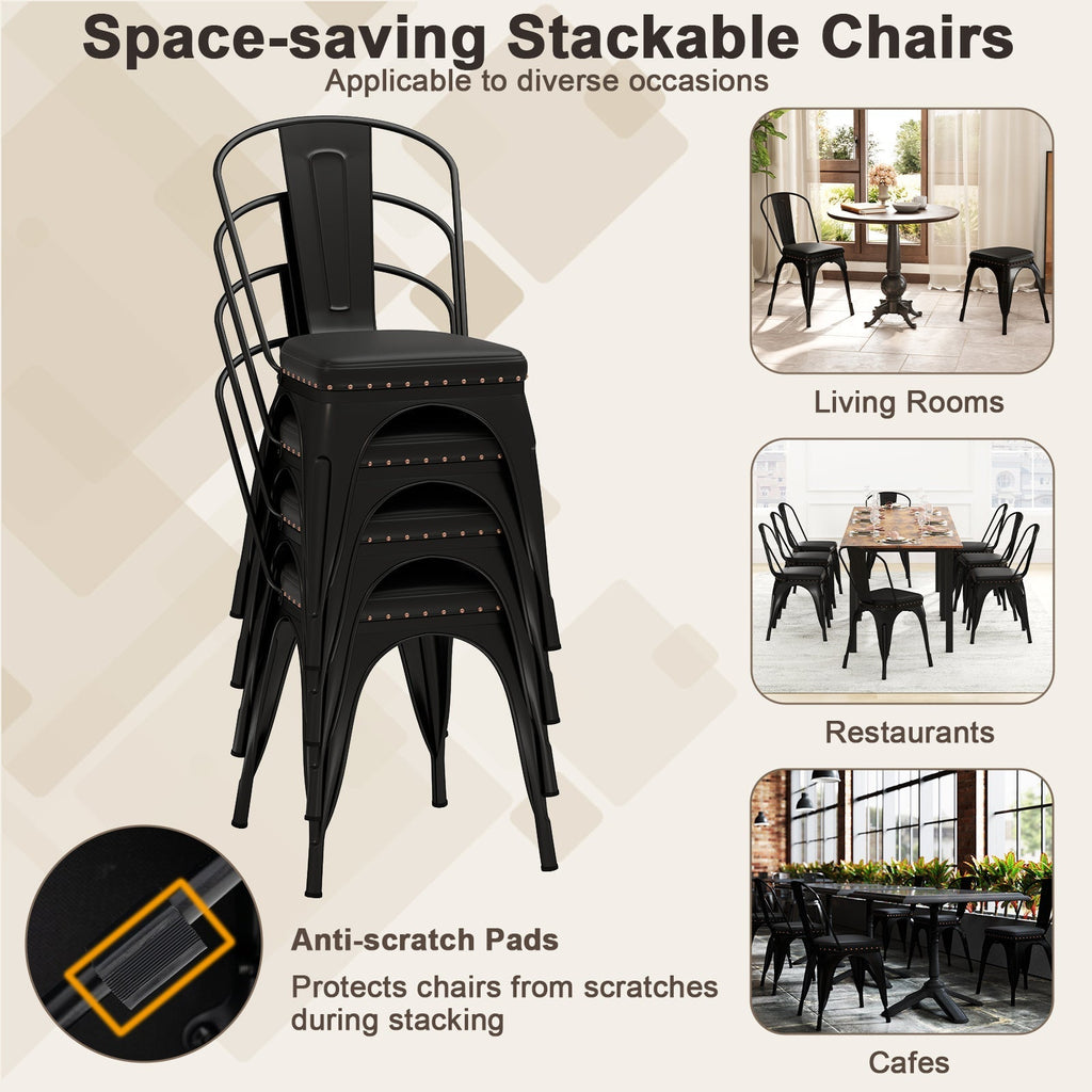 Metal Dining Chair Set of 4 Stackable Kitchen Chairs with Removable Backs and PU Leather Cushioned Seat-Black