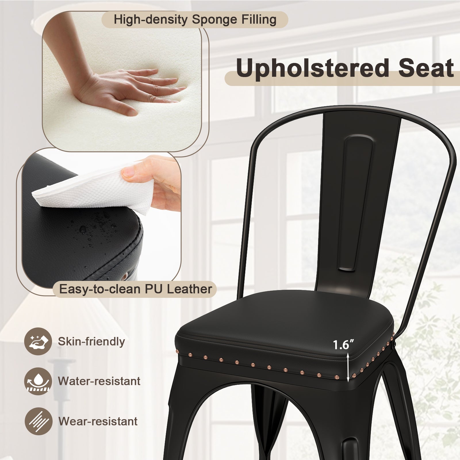 Metal Dining Chair Set of 4 Stackable Kitchen Chairs with Removable Backs and PU Leather Cushioned Seat-Black