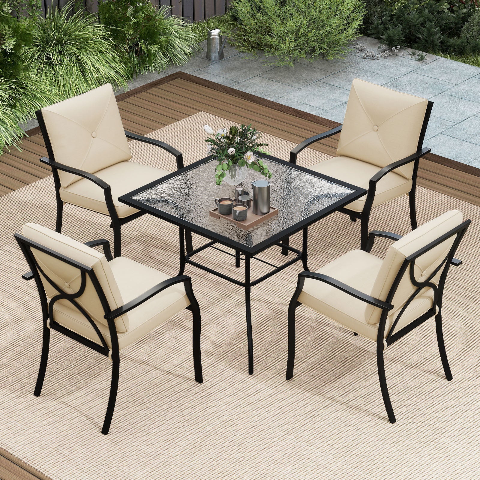 Metal Outdoor Dining Chair Set of 2 Stackable Patio Chairs with Armrests-Beige
