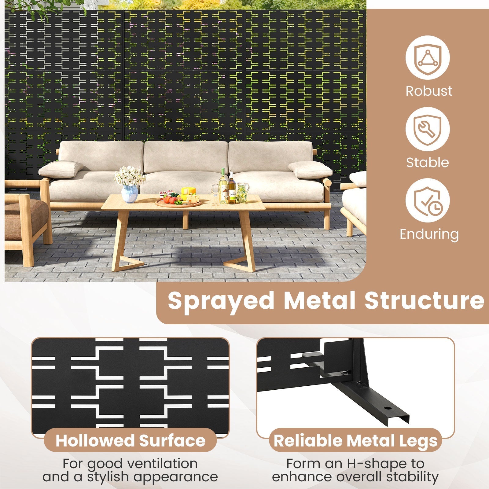 Metal Privacy Screen 72 x 48 Inch Freestanding Fence Panel Indoor Outdoor-Black