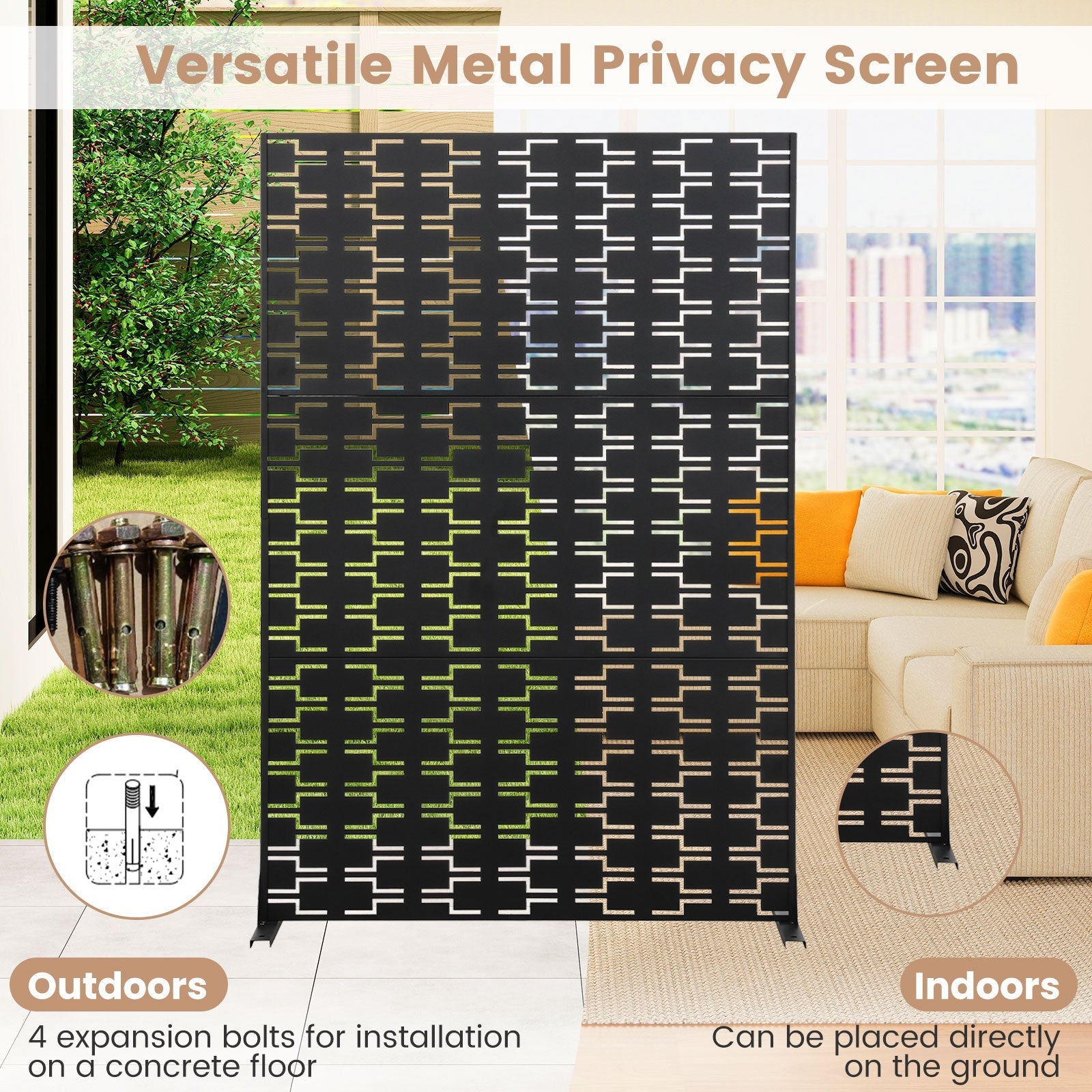 Metal Privacy Screen 72 x 48 Inch Freestanding Fence Panel Indoor Outdoor-Black
