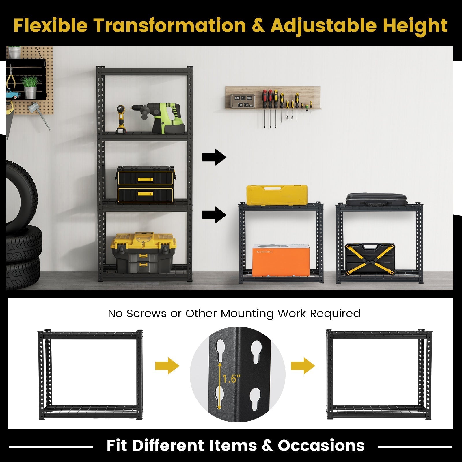 4-Tier Metal Shelving Unit with Anti-slip Foot Pad and Anti-tipping Device