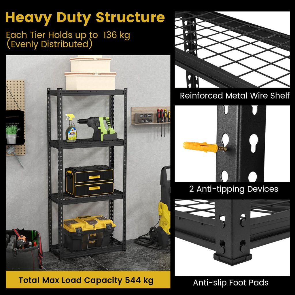 4-Tier Metal Shelving Unit with Anti-slip Foot Pad and Anti-tipping Device