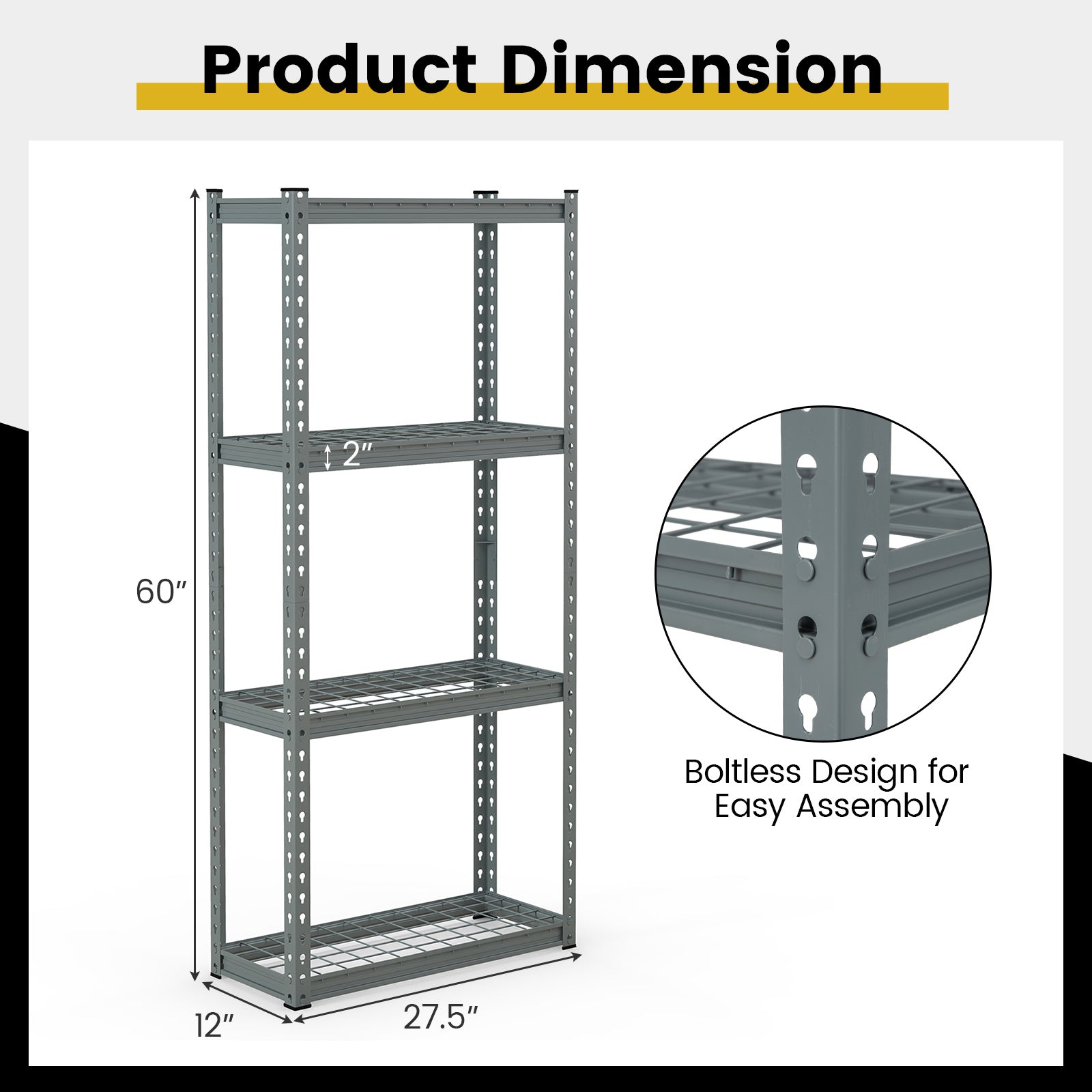 4-Tier Metal Shelving Unit with Anti-slip Foot Pad and Anti-tipping Device