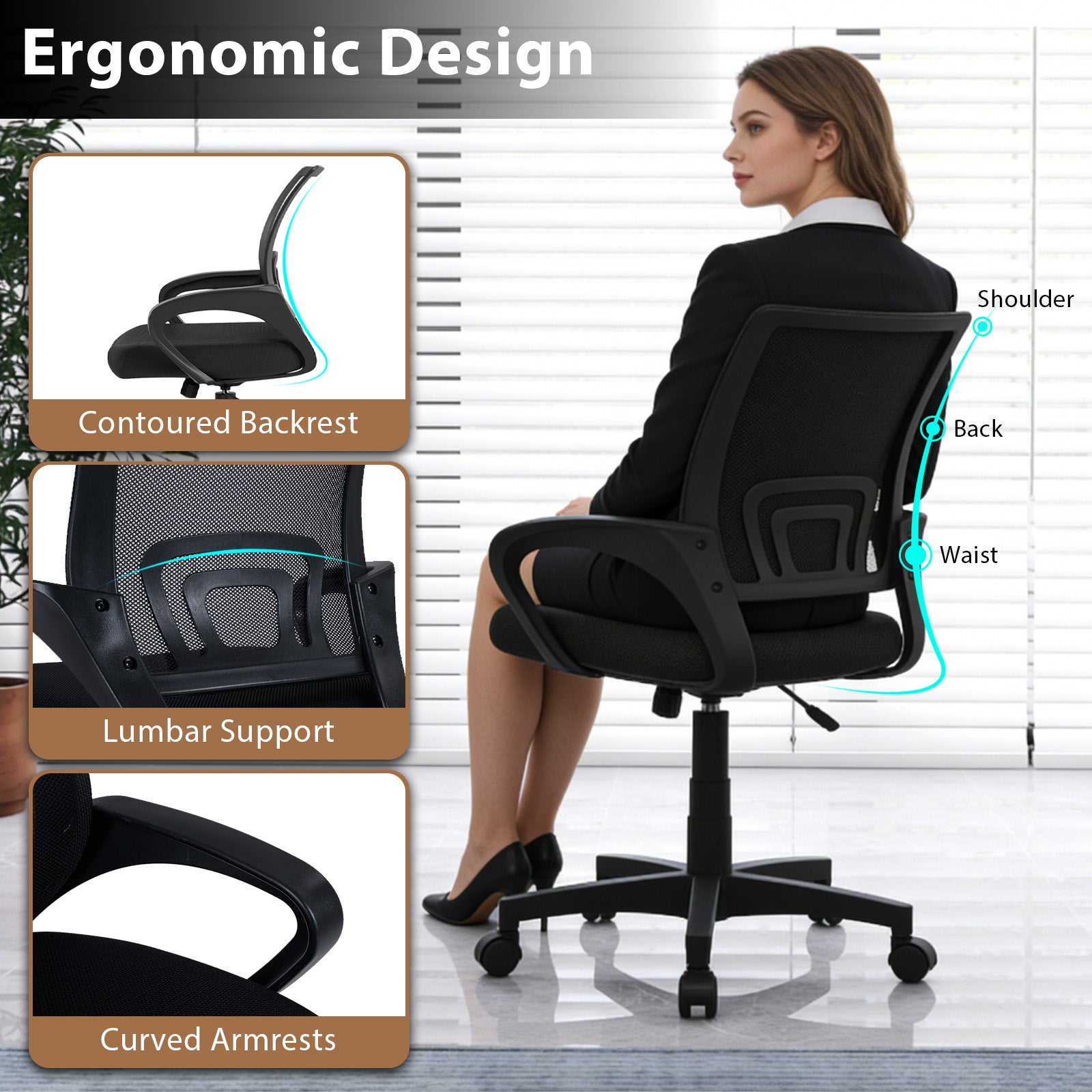 Mid-Back Mesh Office Chair Ergonomic Computer Chair with Lumbar Support-Black