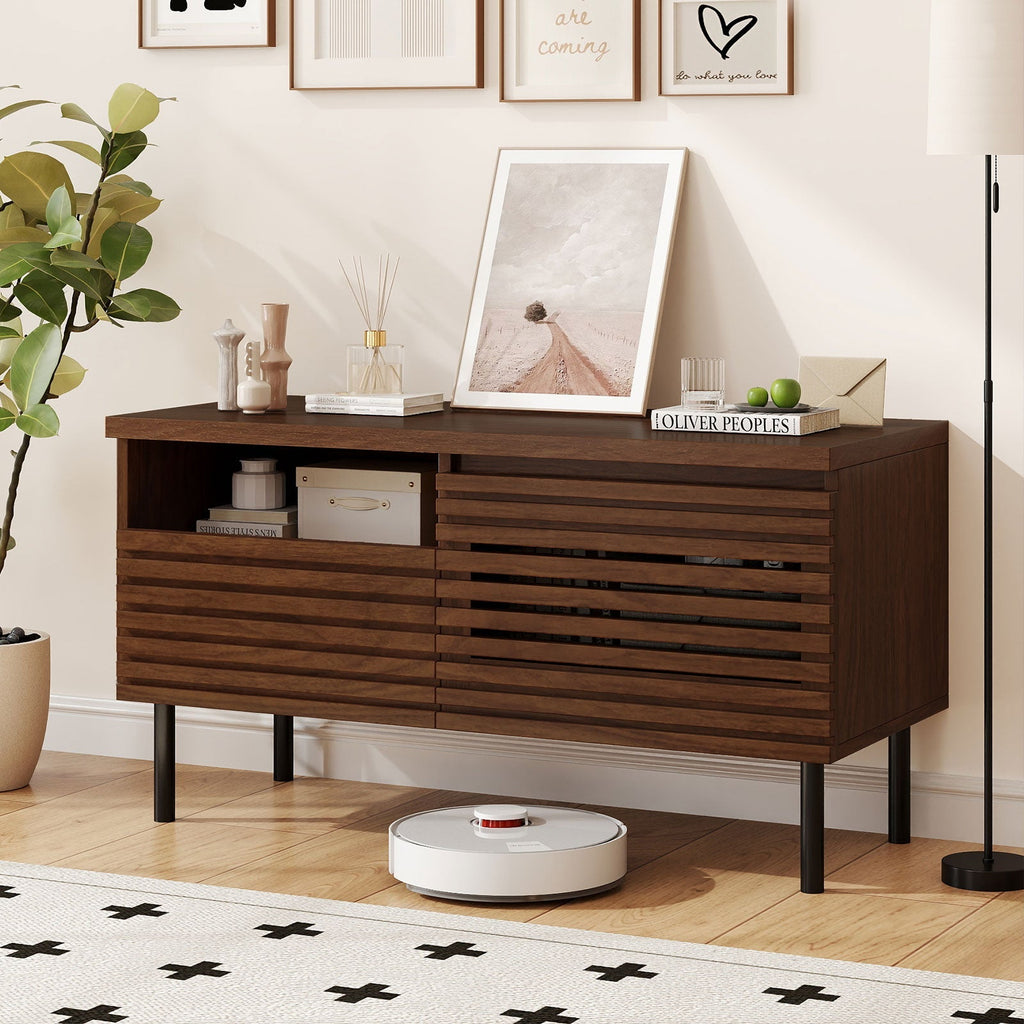 Mid Century Fluted TV Stand for 40 Inch TV Modern Entertainment Center with Open Compartment-Walnut