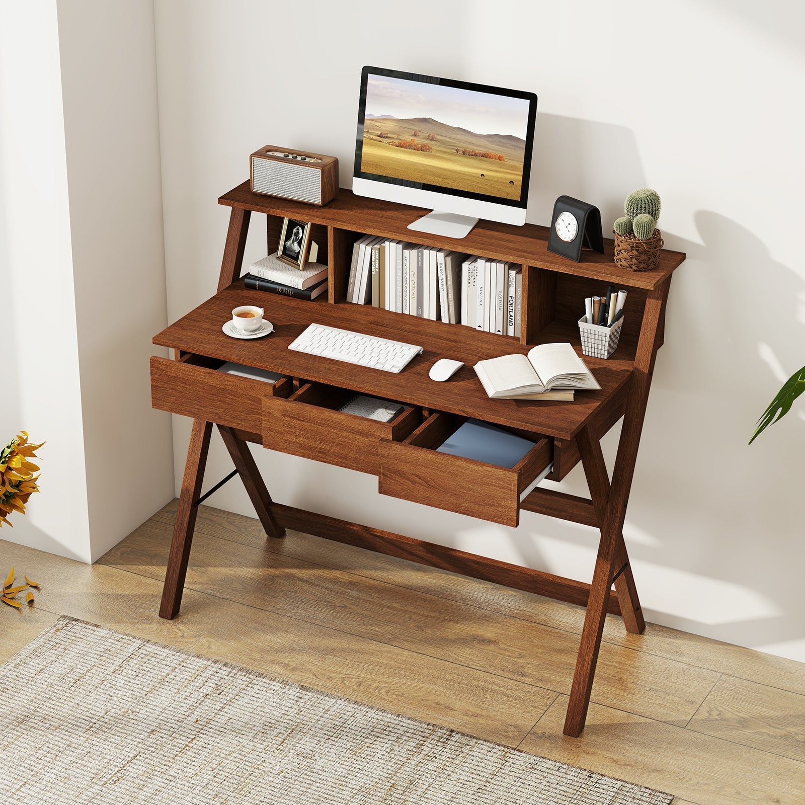 Mid Century Home Office Desk with 3 Storage Drawers and Monitor Stand-Oak