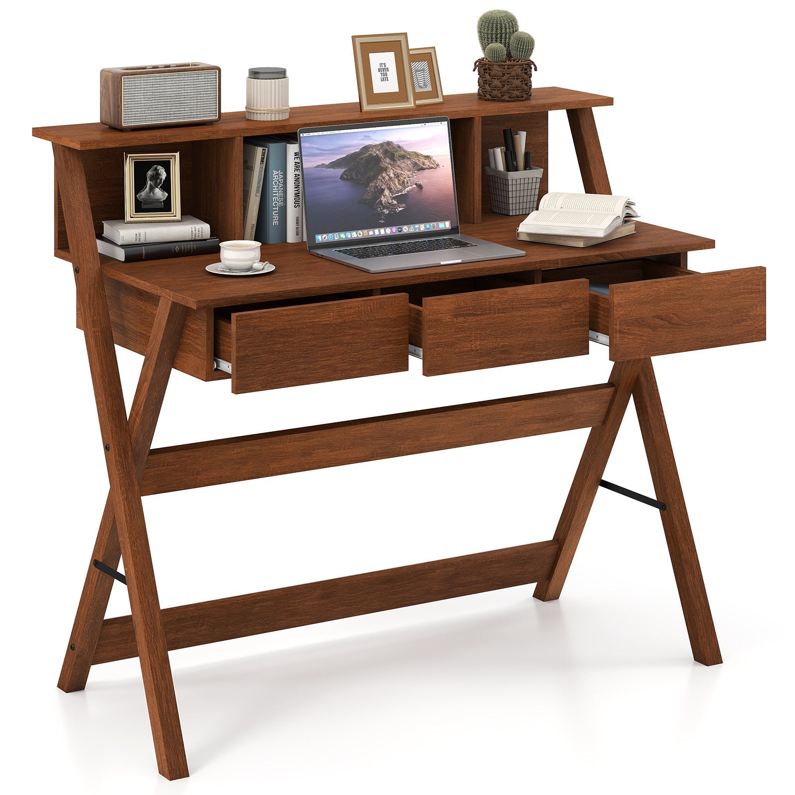 Mid Century Home Office Desk with 3 Storage Drawers and Monitor Stand-Oak