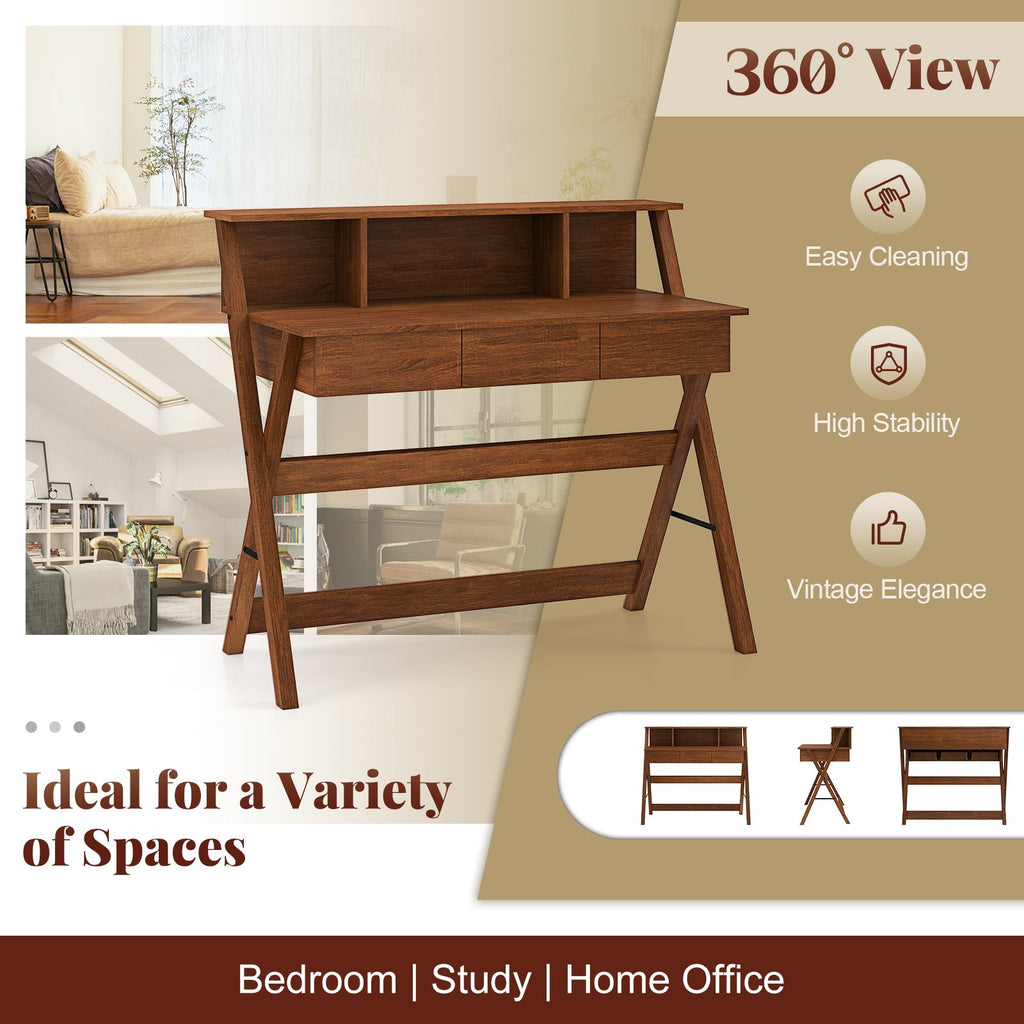 Mid Century Home Office Desk with 3 Storage Drawers and Monitor Stand-Oak