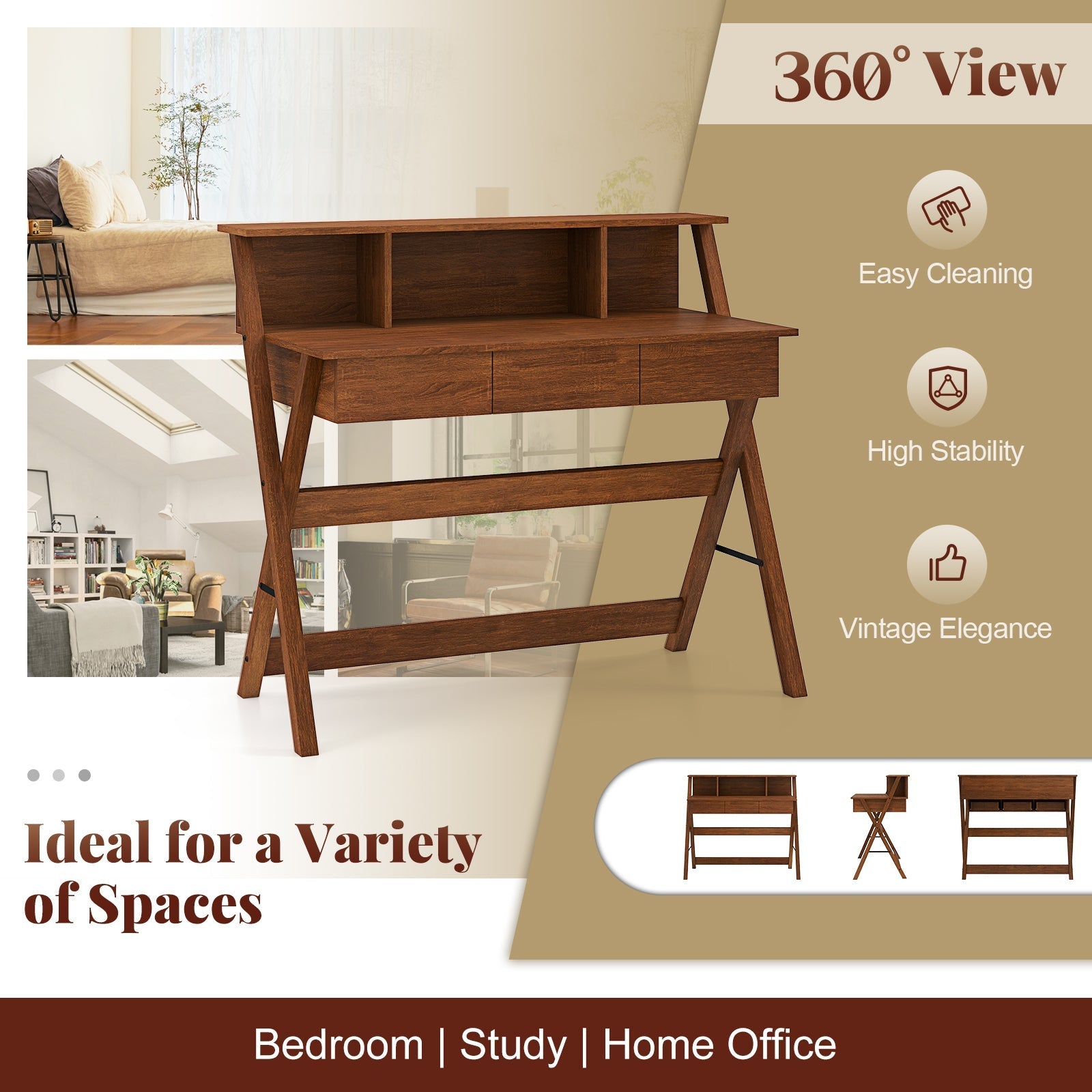 Mid Century Home Office Desk with 3 Storage Drawers and Monitor Stand-Oak