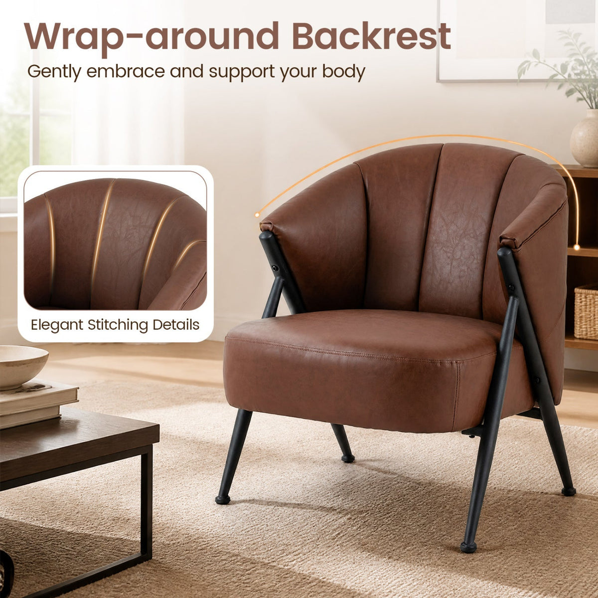 Mid Century Accent Chair with Curved Backrest - Brown