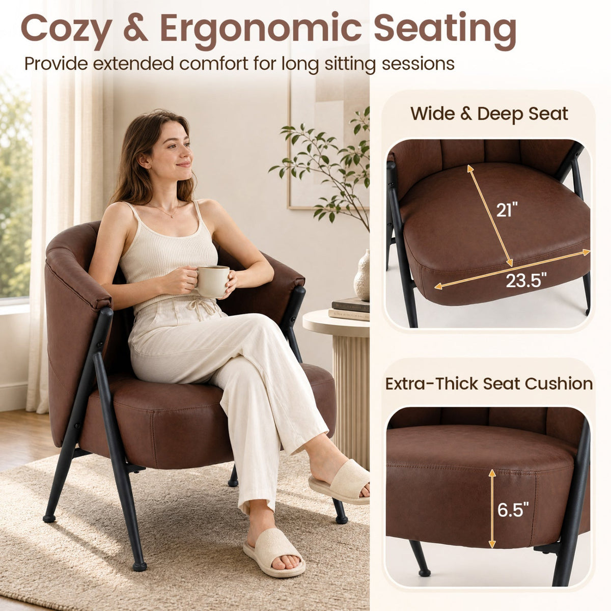 Mid Century Accent Chair with Curved Backrest - Brown