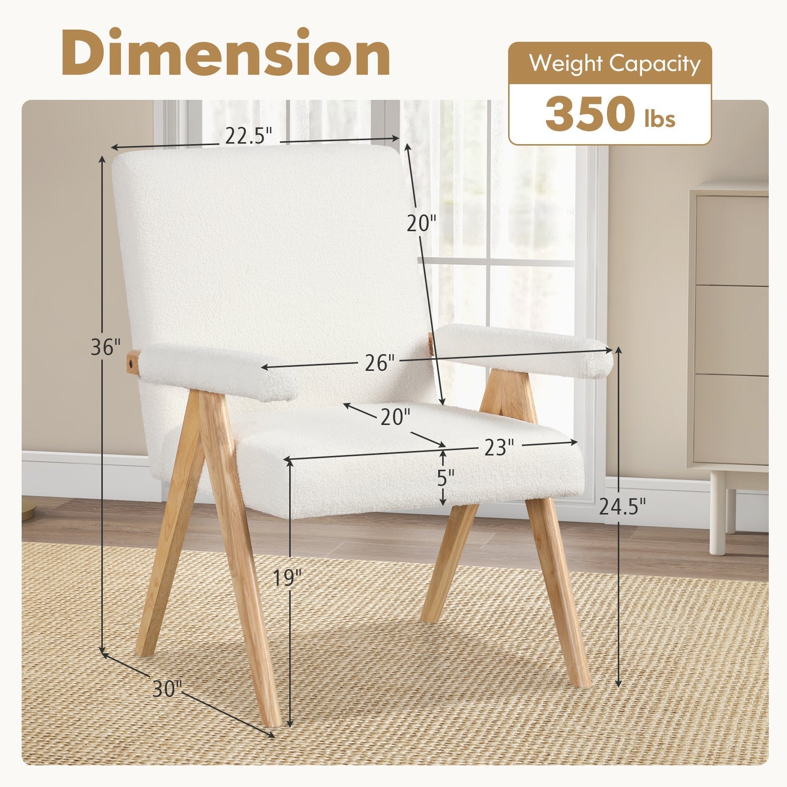 Mid Century Modern Accent Chair with Rubber Wood Frame and Padded Armrests-White