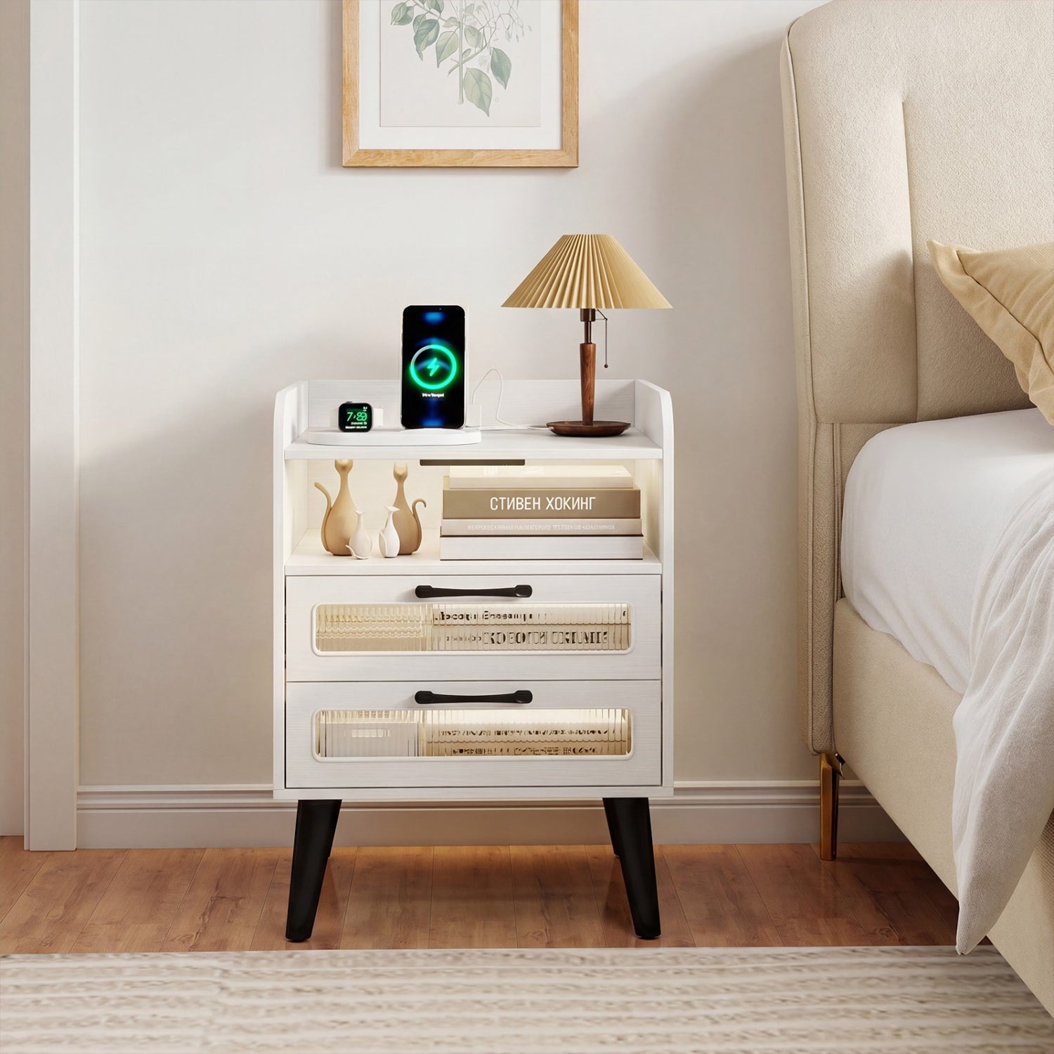 Nightstand with Charging Station and LED Lights
