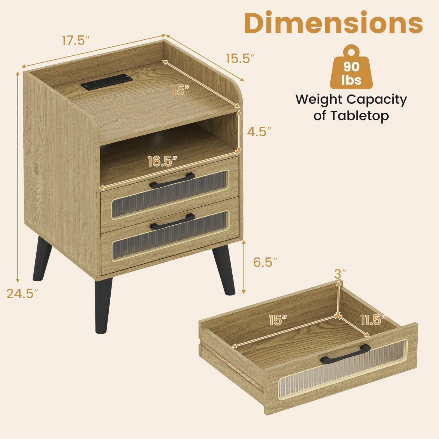 Nightstand with Charging Station and LED Lights