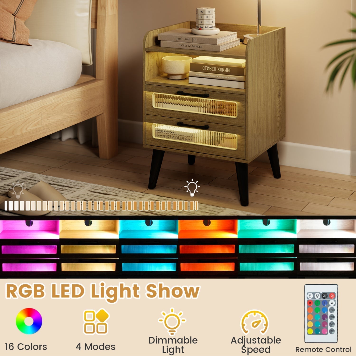 Nightstand with Charging Station and LED Lights