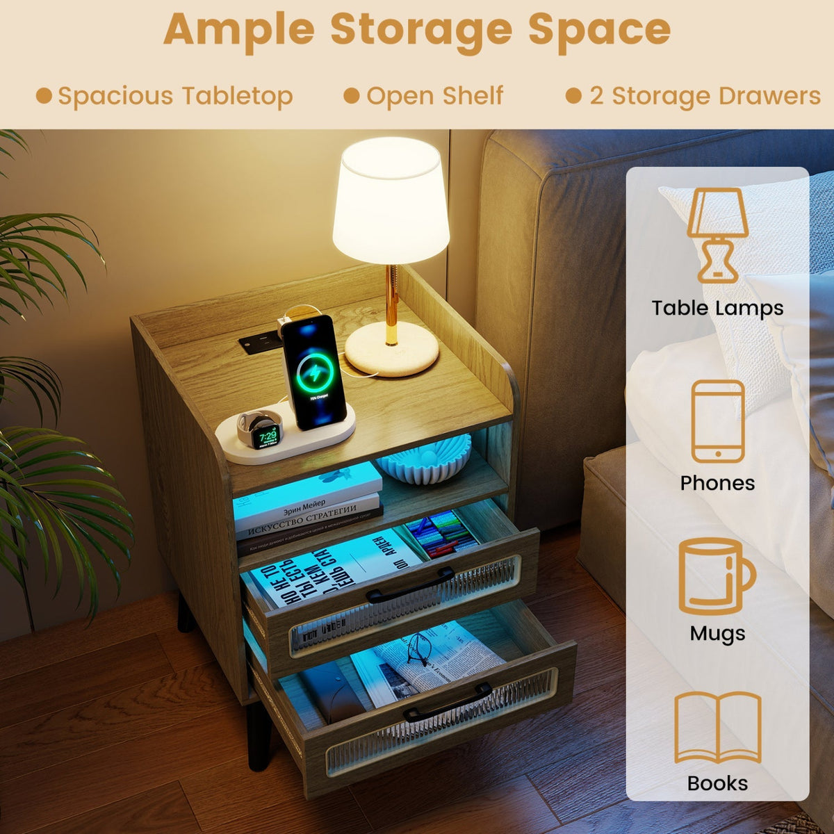 Nightstand with Charging Station and LED Lights