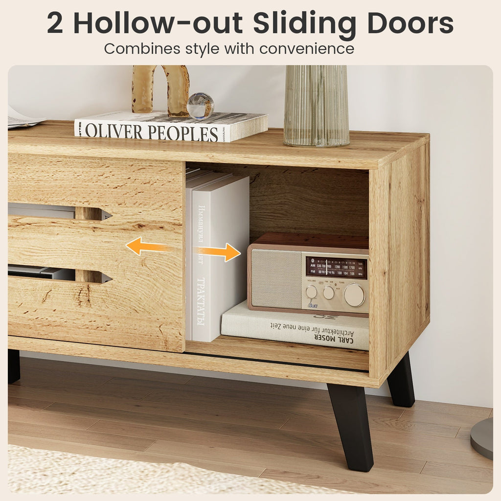 Mid Century Modern TV Stand with Sliding Doors and Cable Hole for 65 Inch TVs-Natural