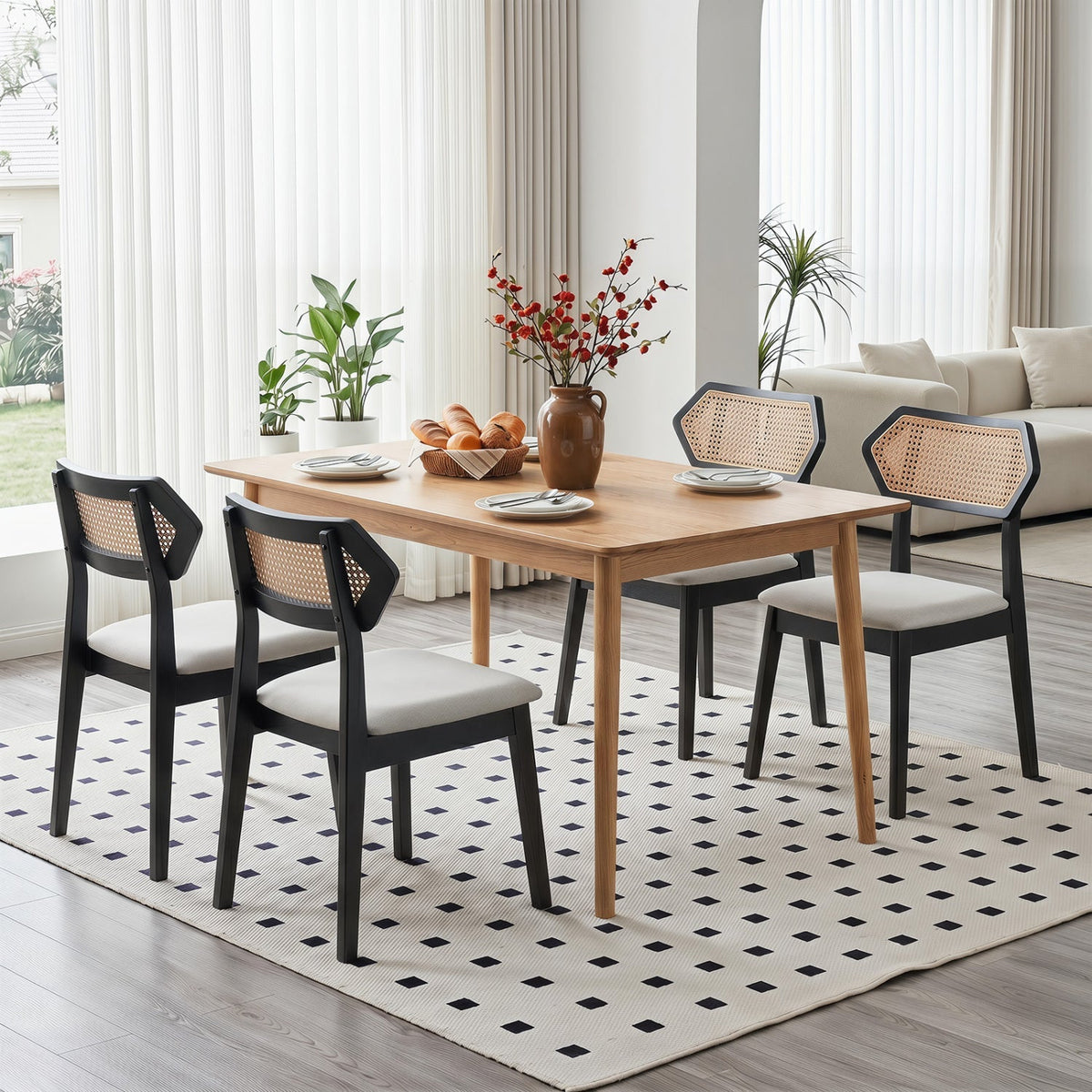 Mid Century Rattan Dining Chairs Set of 2 with Wood Frame