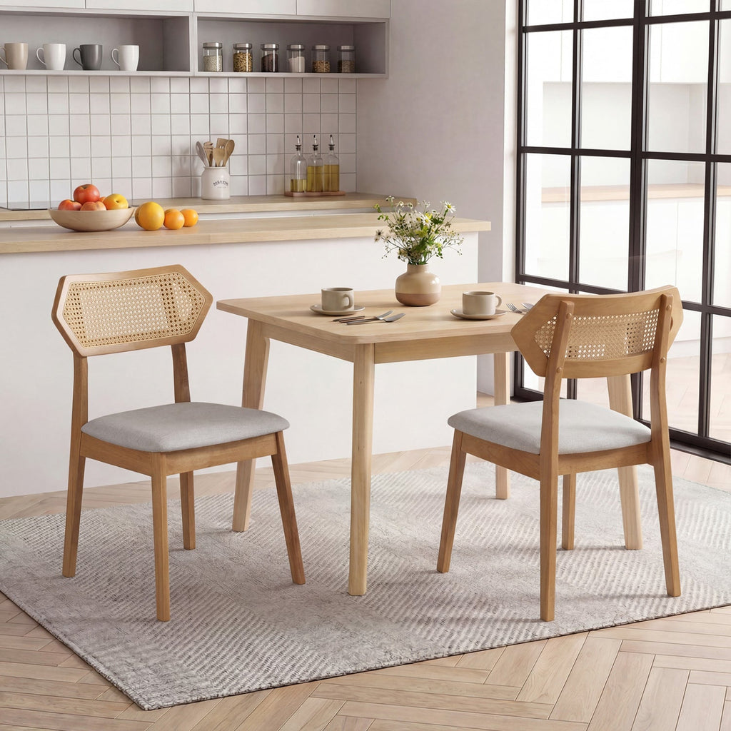 Mid Century Rattan Dining Chairs Set of 2 with Wood Frame