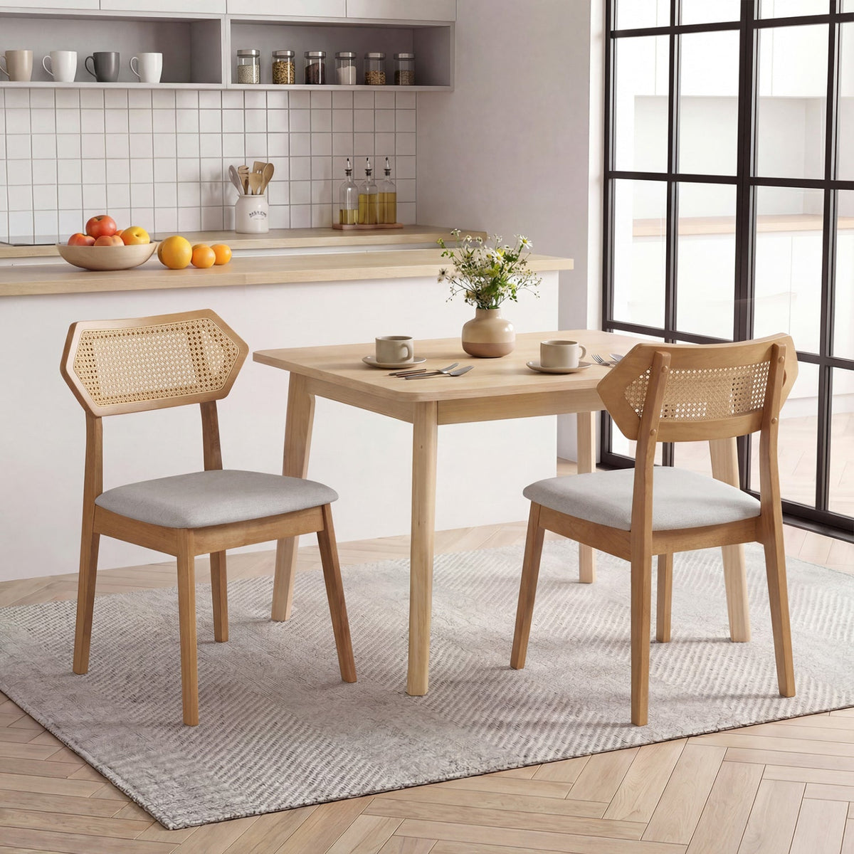 Mid Century Rattan Dining Chairs Set of 2 with Wood Frame