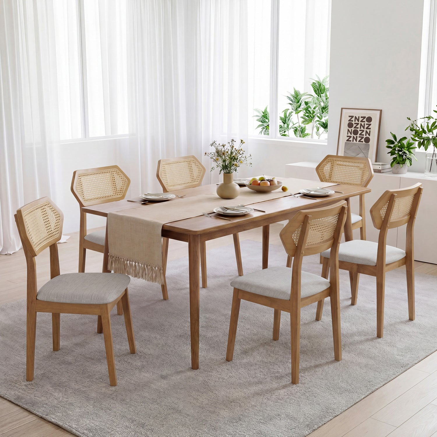 Rattan Dining Chairs Set of 4 with Curved Back