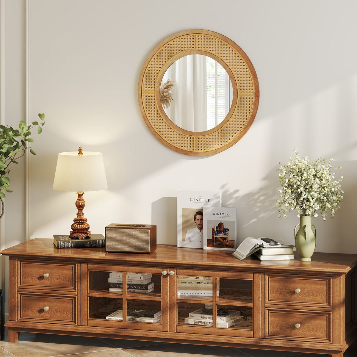 25.5 Inch Bohemian Round Wall Mounted Decorative Mirror with Wooden Frame-Natural
