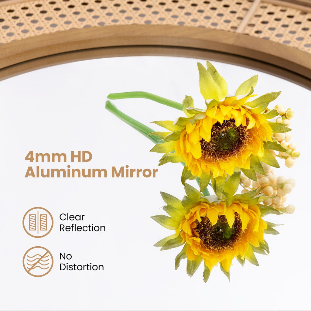 25.5 Inch Bohemian Round Wall Mounted Decorative Mirror with Wooden Frame-Natural
