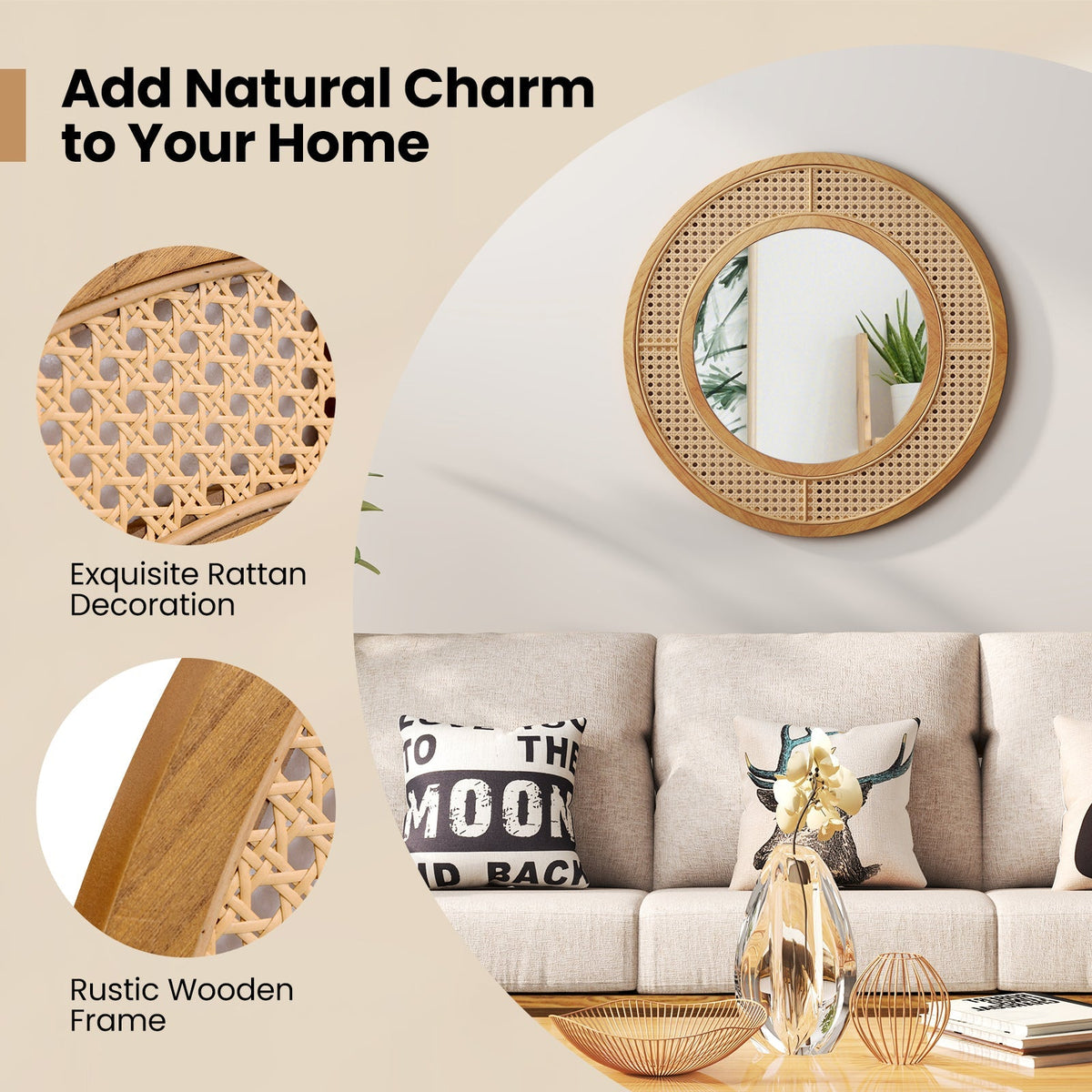 25.5 Inch Bohemian Round Wall Mounted Decorative Mirror with Wooden Frame-Natural