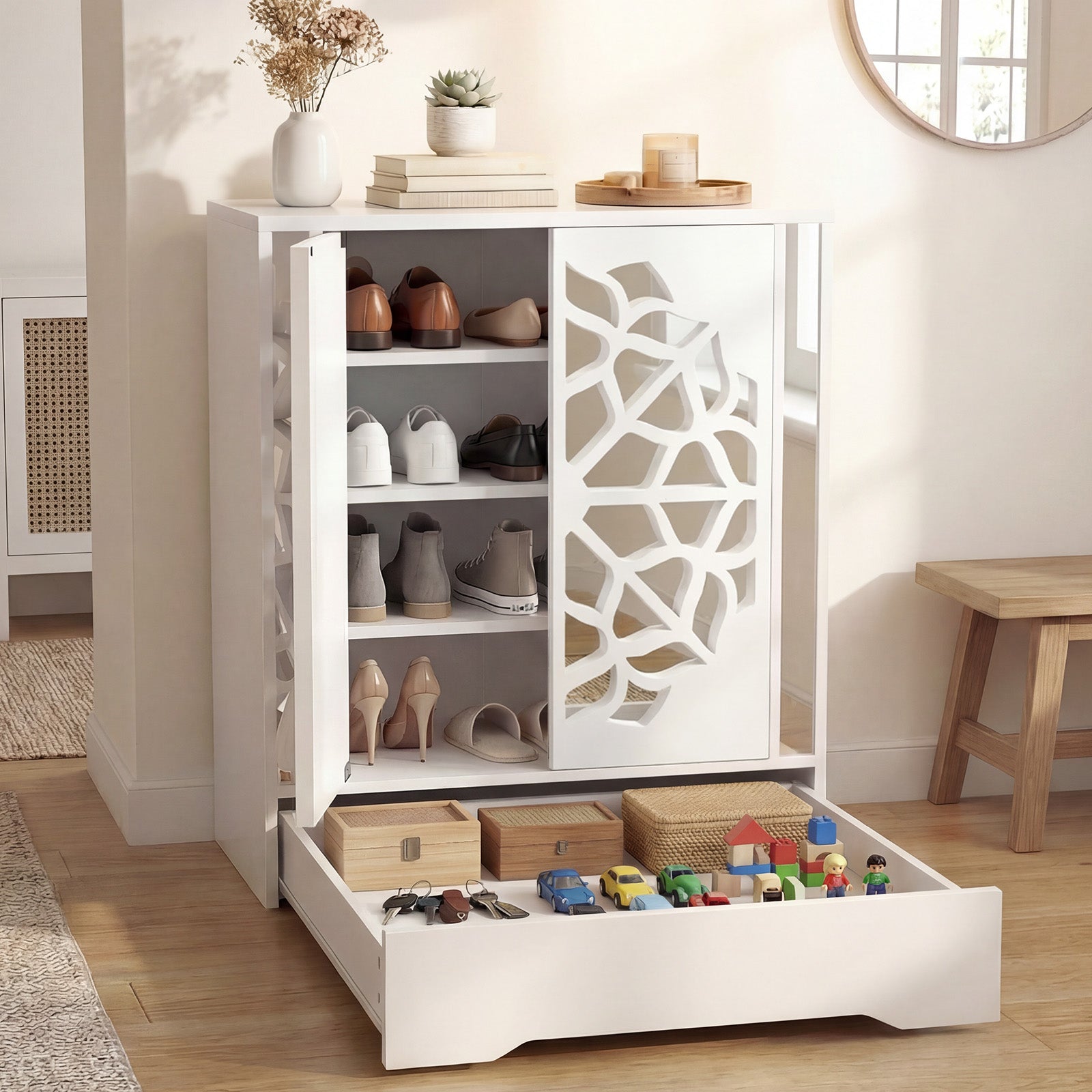Mirrored Shoe Cabinet 4-Tier Shoe Organizer with Large Drawer-White