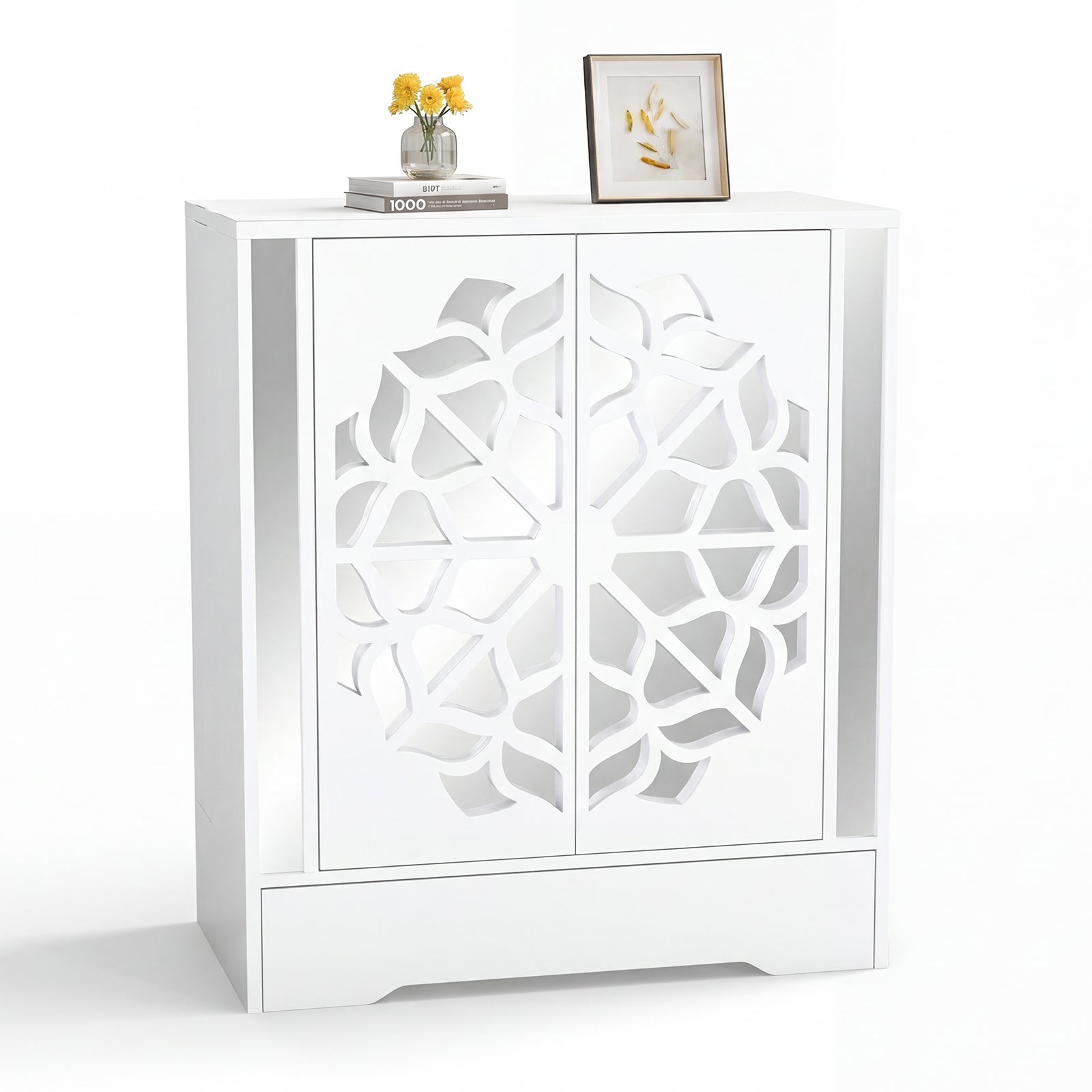 Mirrored Shoe Cabinet 4-Tier Shoe Organizer with Large Drawer-White
