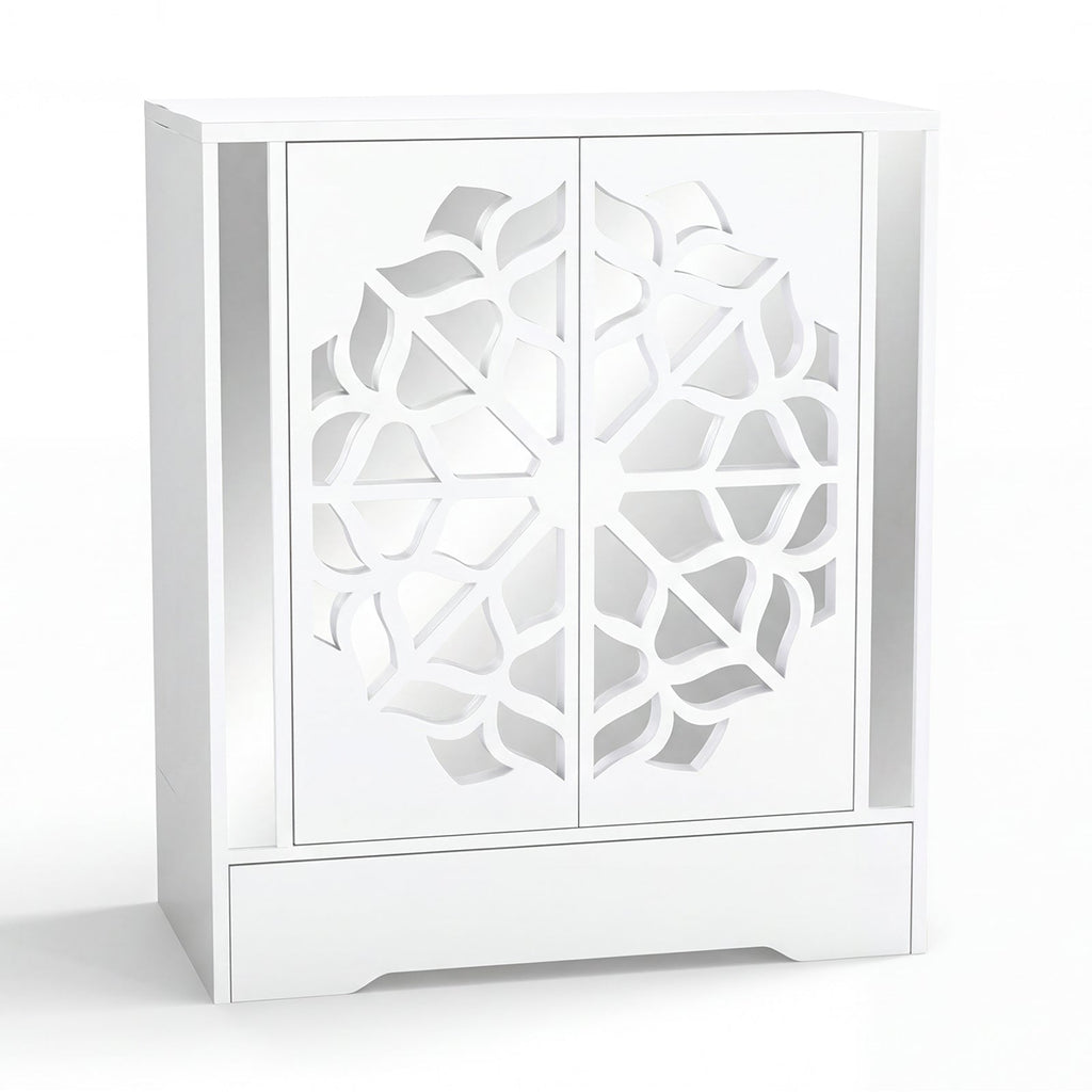 Mirrored Shoe Cabinet 4-Tier Shoe Organizer with Large Drawer-White