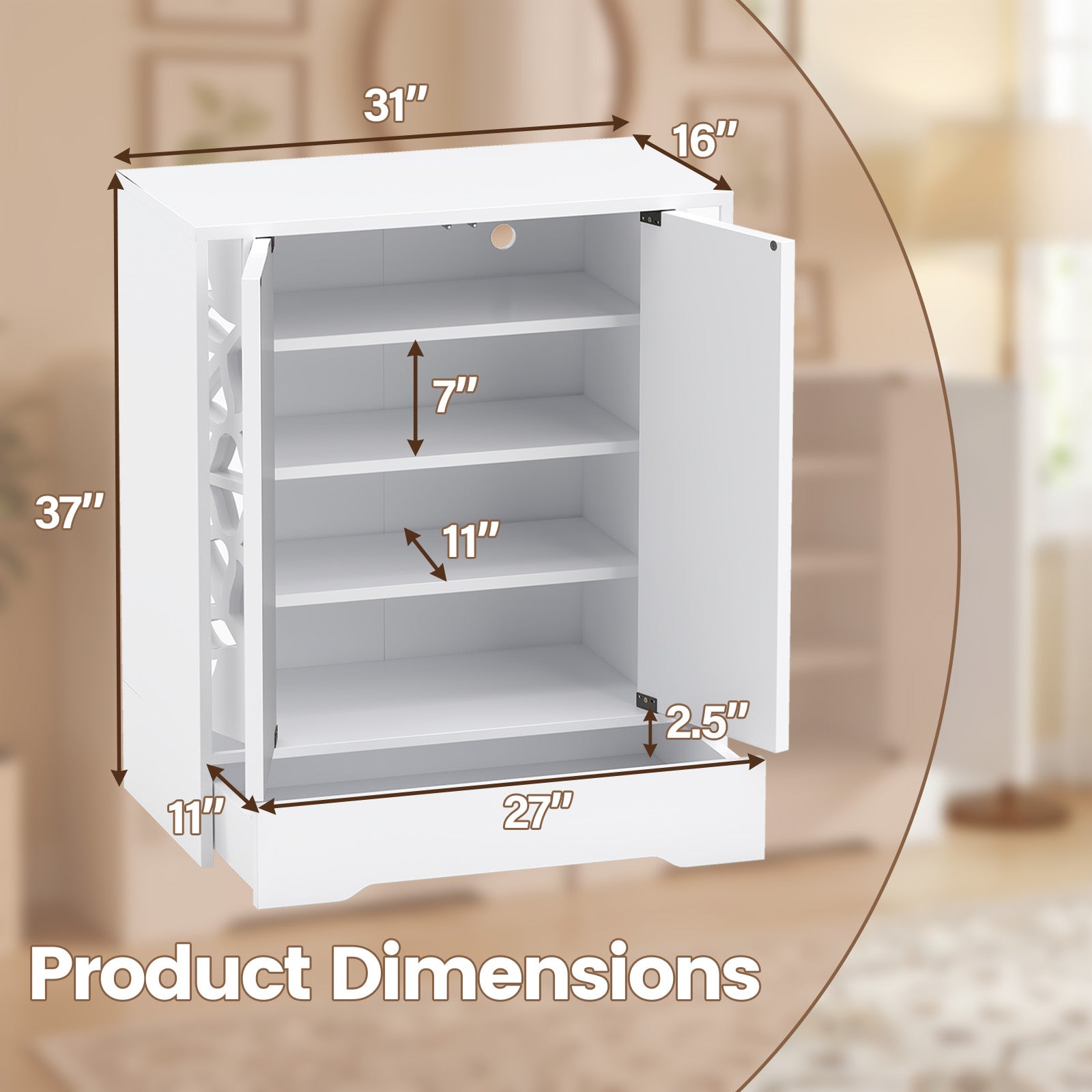 Mirrored Shoe Cabinet 4-Tier Shoe Organizer with Large Drawer-White