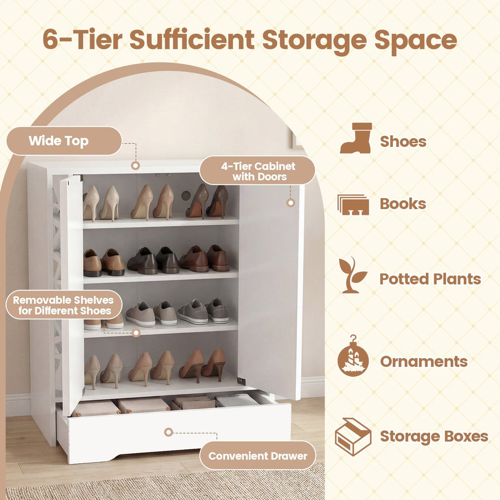 Mirrored Shoe Cabinet 4-Tier Shoe Organizer with Large Drawer-White