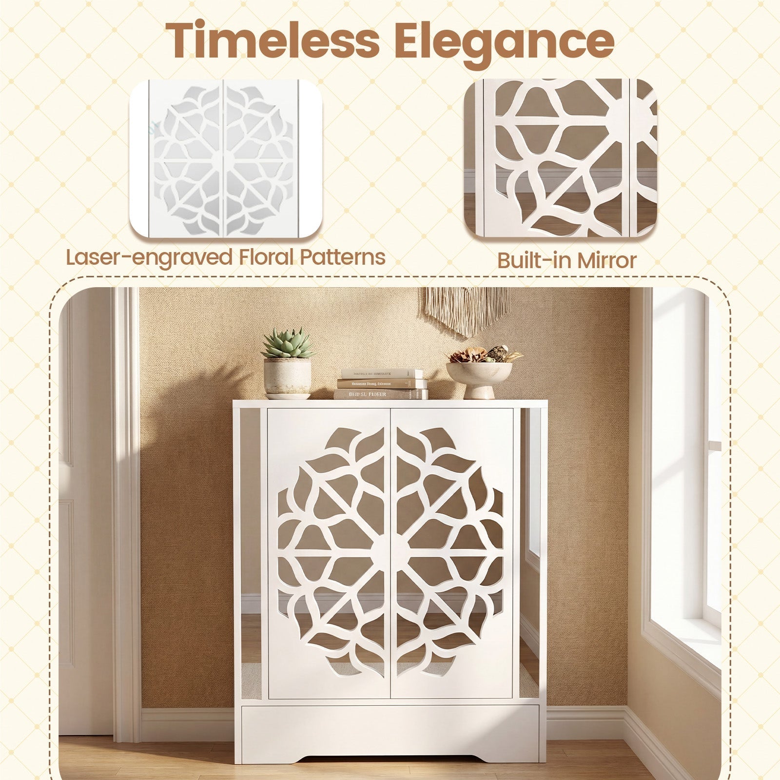 Mirrored Shoe Cabinet 4-Tier Shoe Organizer with Large Drawer-White