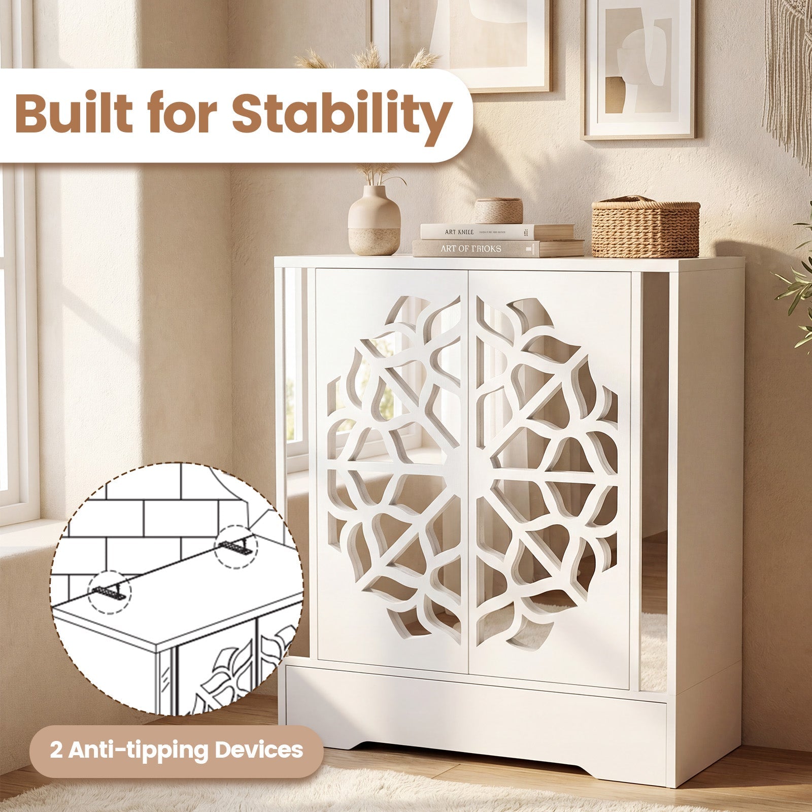 Mirrored Shoe Cabinet 4-Tier Shoe Organizer with Large Drawer-White
