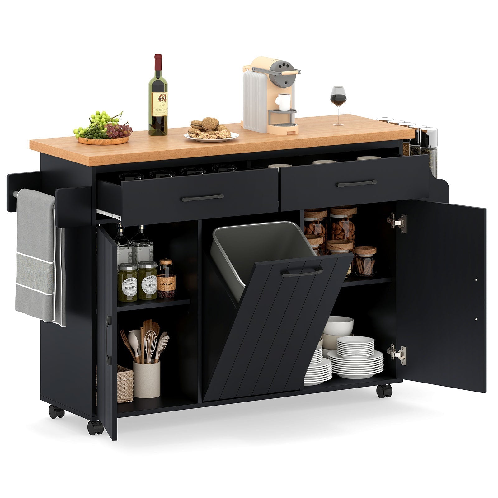 Mobile Kitchen Island Table with Trash Bag Storage for Dining Room